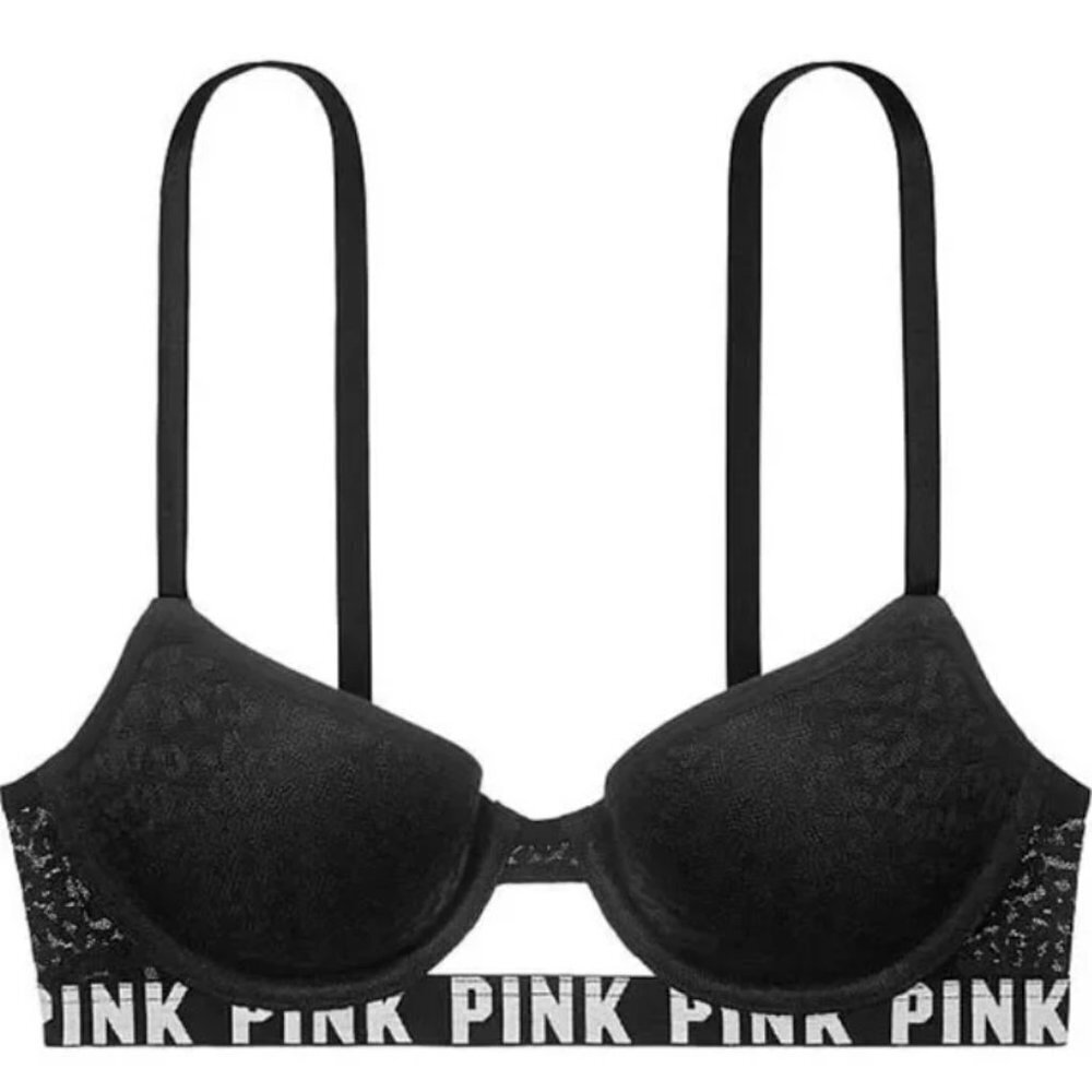 PINK Victoria's Secret Black Leopard Lace Underwire Push-Up Bra Size 34DD